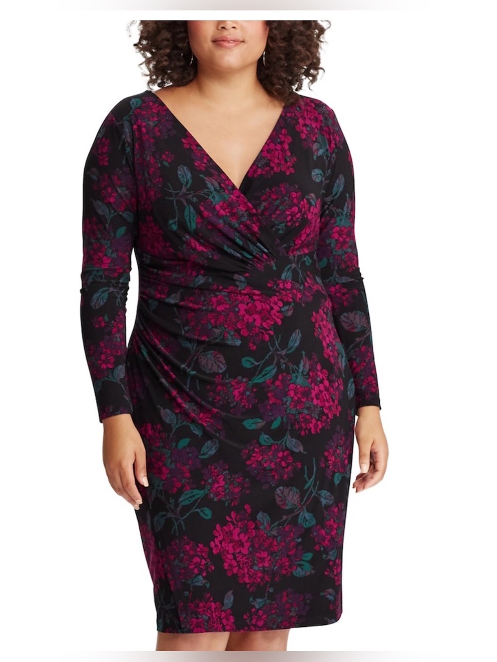 Chaps Wrap-Front Floral Sheath Dress in Fuchsia/Black SZ 20 NWT